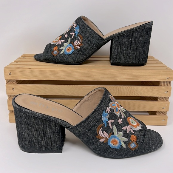 Hype Embroidered Open Toe Block Heel Denim Slip-on Mules Sz. 9 - Picture 7 of 13
